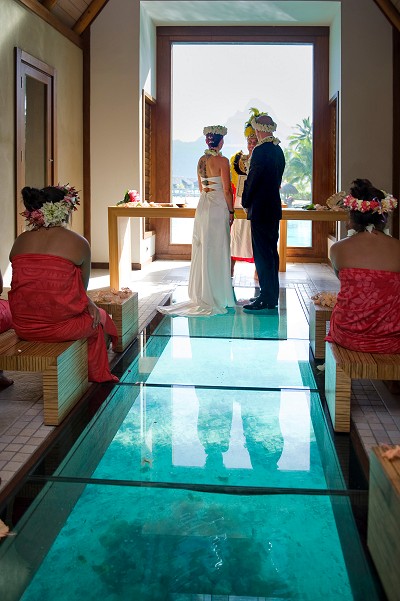 Inside the overwater wedding chapel at the InterContinental Bora Bora Resort & Thalasso Spa