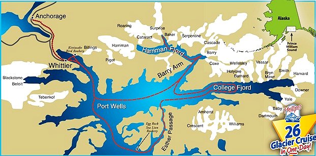Route and Map of the Cruise - 26 Glacier Cruise by Phillips Cruises. Copyright 26 Glacier Cruise by Phillips Cruises.