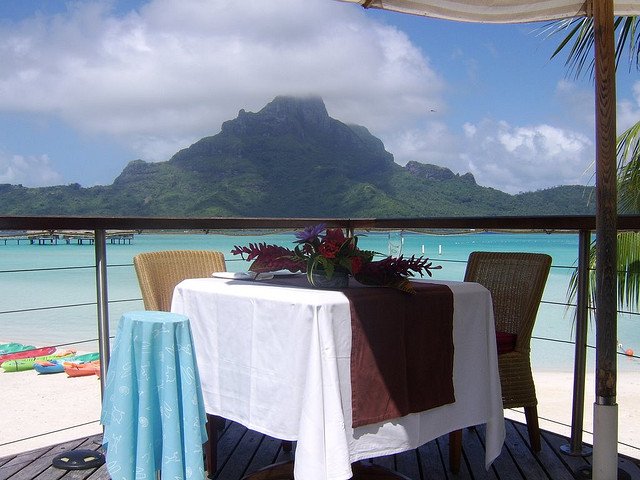 Romantic table for two with a view of Mount Otemanu - St. Regis Bora Bora. Copyright Michael Cottam.